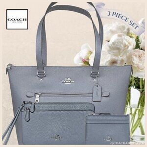 COACH LEATHER 3 PIECE SET Marble Blue Gallery Tote Double Zip Wallet + Card Case